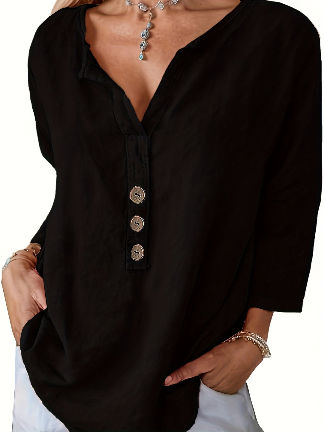 Harper™ - Loose V-Neck Button-Up Top