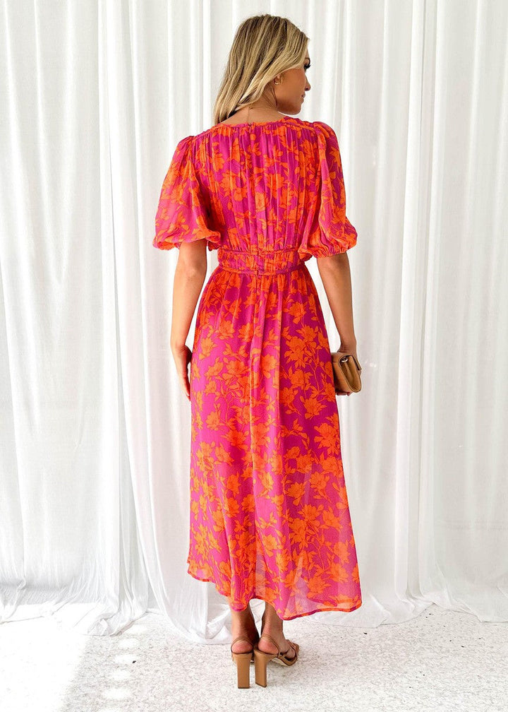 Katy™ - Elegant Puff Sleeved Floral Midi Dress