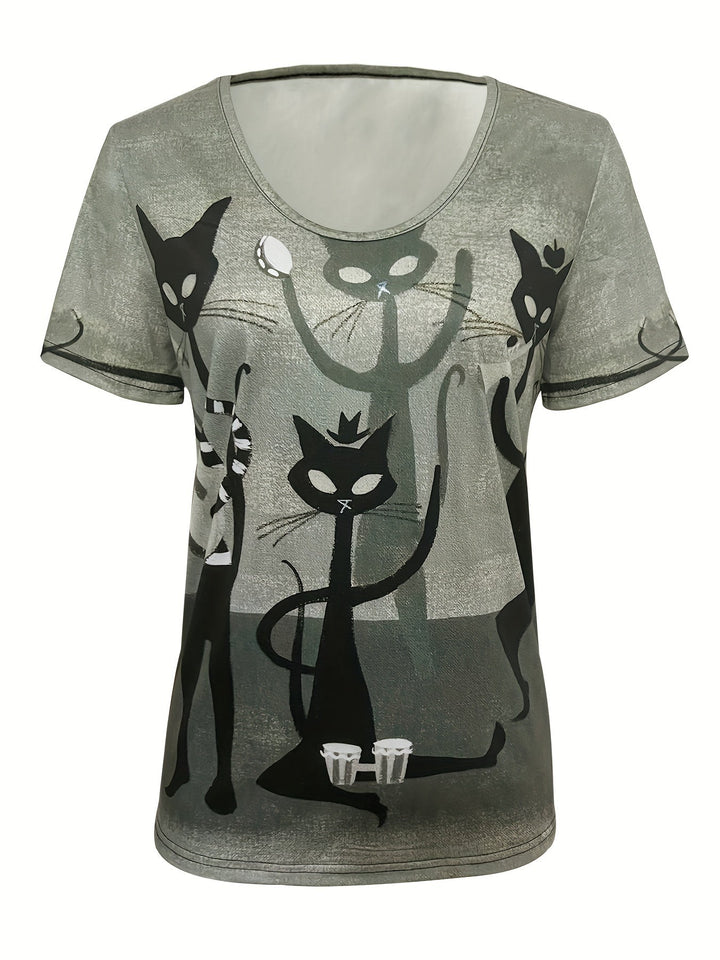 Sue™ - Casual Cat Print T-Shirt