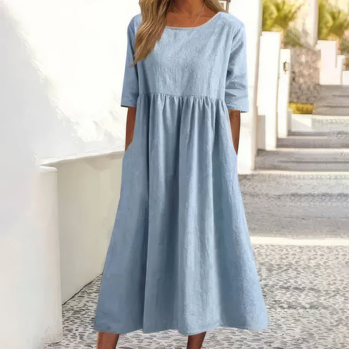 Maikee™ - Cotton Dress with Round Neckline and Pockets